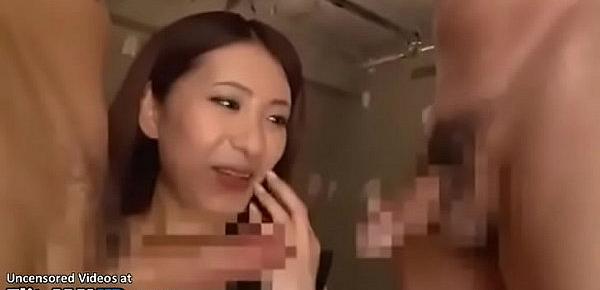  Japanese tall model has sex with two short guys